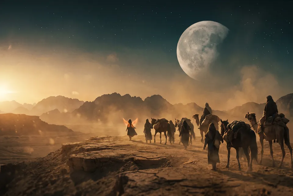 Une caravane traverse un plateau désertique sous une lune immense.