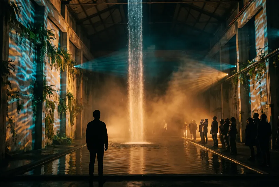 Une halle sombre où tombe une cascade de lumière ; des visiteurs en silhouette.