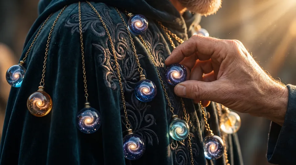 Gros plan sur le manteau de velours sombre où pendent des billes lumineuses ; une main en fixe une de plus.