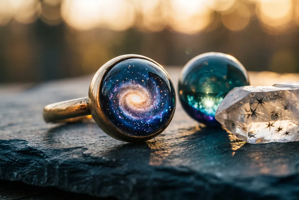 Une bague sertie d’une bille galaxie, une bille et un fragment minéral.