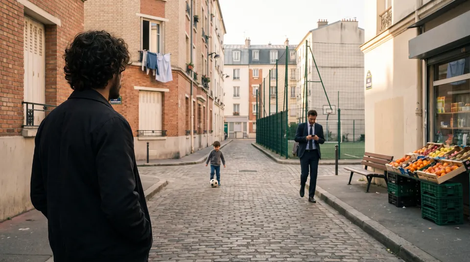 Une rue ordinaire au petit matin. Un homme de dos regarde son quartier, un enfant joue au ballon, un homme pressé passe.