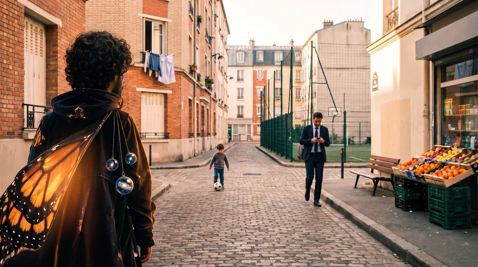 La même rue qu’au début, en couleurs. L’homme porte maintenant le manteau à l’aile de monarque ; le même enfant joue, le même homme pressé passe.