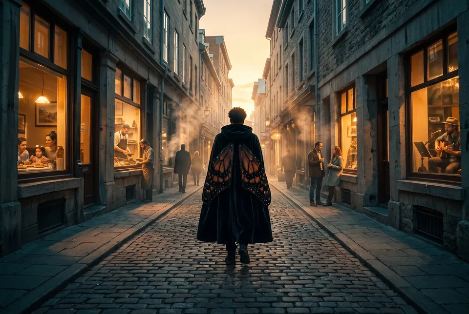 Une rue ancienne le soir ; le Monarque s’éloigne de dos entre les fenêtres éclairées.