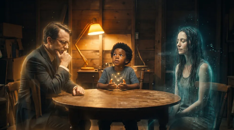Trois figures autour d’une table : un homme à lunettes qui analyse, un enfant qui assemble des lumières, une femme aux yeux fermés.