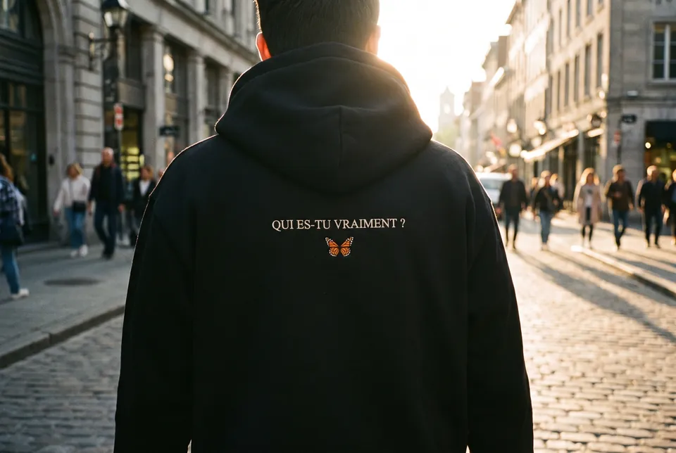Un sweat noir vu de dos, brodé « Qui es-tu vraiment ? ».